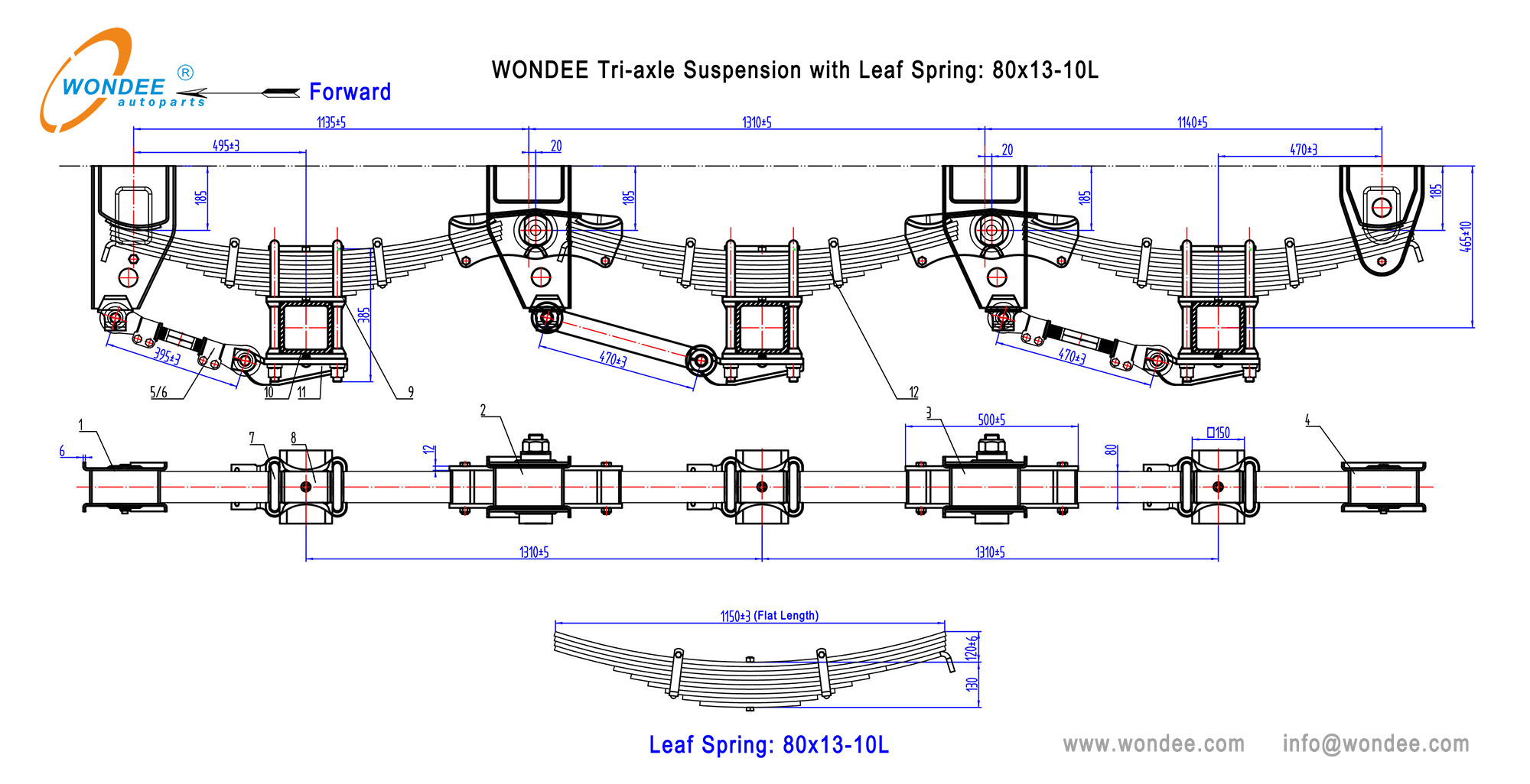 WONDEE Tri-axle suspension with leaf spring 80x13-10L-2
